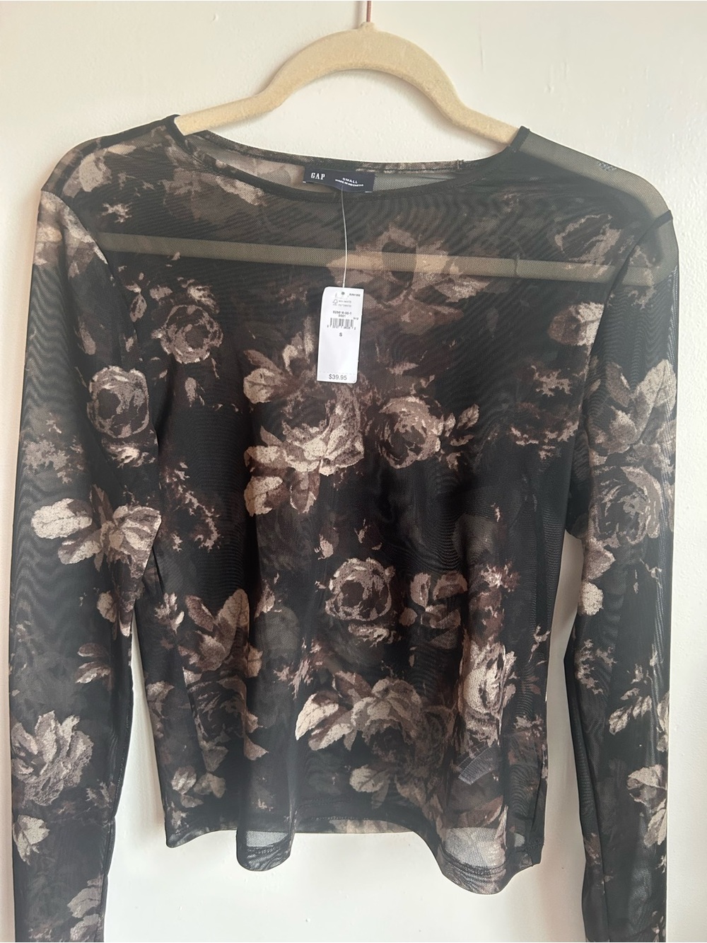 GAP Black Sheer Floral Mesh Top with Taupe Roses